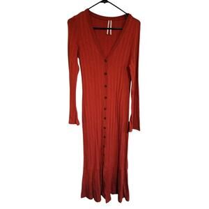 ANTHROPOLOGIE Elsa Ribbed Knit Maxi Midi Dress Long Sleeve Orange No Belt S
